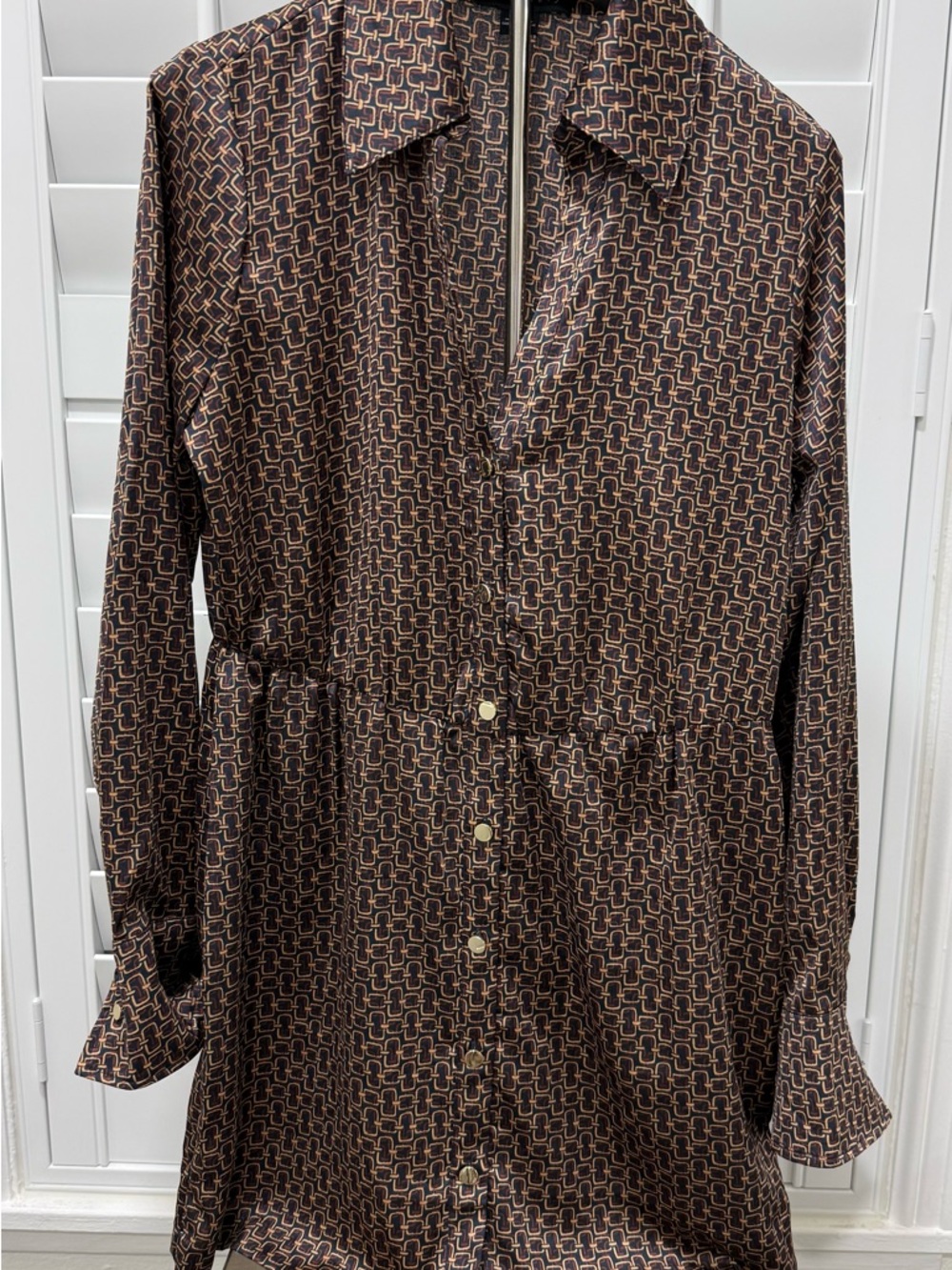 Sanctuary Brown and Black Geometric Long-Sleeve Shirt Dress